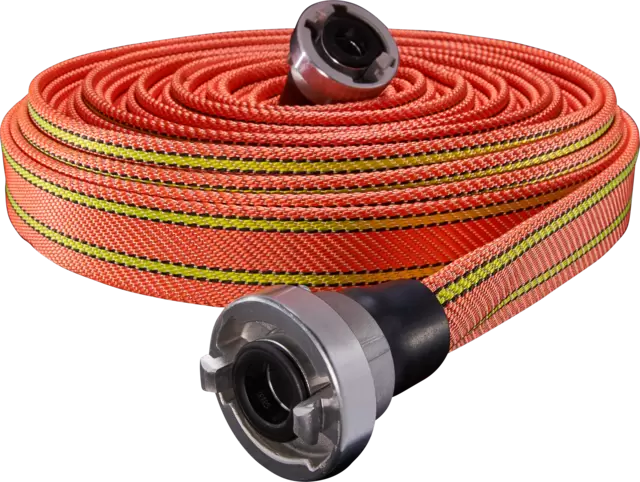 MANGUERA TITAN FLAME NARANJA 38 MM 25 METROS CON STORZ Y EMBARRILADO DE ALAMBRE